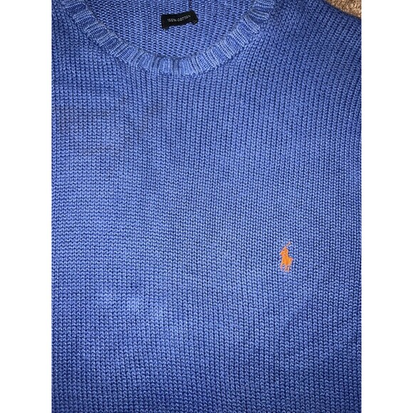 Vintage Polo Ralph Lauren Cotton Blue Knit Sweater Large Crewneck Orange Logo - Picture 3 of 4
